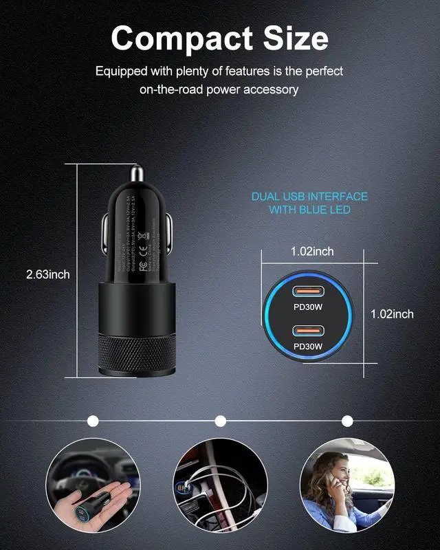 Alt view image 4 of 7 - 60W USB C Car Charger, 2 Pack AILKIN USB C Cigarette Lighter Adapter Fast Charging Dual Port PD3.0 Type C Car Charger Plug Compatible with iPhone 17 16 15 14 Pro Max Galaxy S26/S25/S24 Pixel 10 9Pro