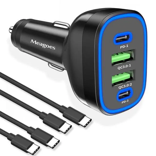 Main image of 90W 4 in 1 USB C Super Fast Car Charger for iPhone 17 Pro Max/Air/16/15/iPad, Samsung S26, Pixel Android Phone, Dual 45W Type C & QC3.0, 12V Multi Port Cigarette Lighter Adapter + 2 USBC Cord 3.3ft