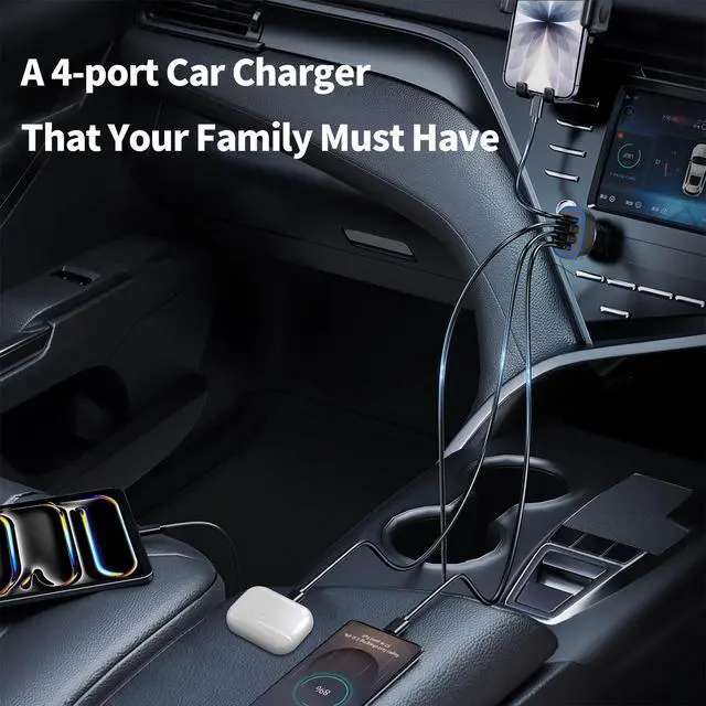 Alt view image 2 of 7 - 90W 4 in 1 USB C Super Fast Car Charger for iPhone 17 Pro Max/Air/16/15/iPad, Samsung S26, Pixel Android Phone, Dual 45W Type C & QC3.0, 12V Multi Port Cigarette Lighter Adapter + 2 USBC Cord 3.3ft