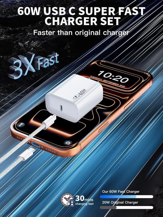 Alt view image 2 of 7 - 40W-60W Apple Dynamic Power Adapter,Fast USB C Charger 2Pack iPhone Charger Fast Charging 6FT Type C Braided Charging Cables for Apple iPhone 17/17E/Air/17 ProMax/16Pro/16e/15Plus,iPad Pro/Air,AirPods