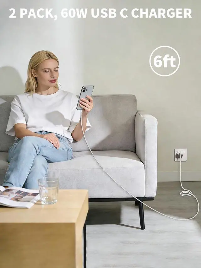 Alt view image 6 of 7 - 40W-60W Apple Dynamic Power Adapter,Fast USB C Charger 2Pack iPhone Charger Fast Charging 6FT Type C Braided Charging Cables for Apple iPhone 17/17E/Air/17 ProMax/16Pro/16e/15Plus,iPad Pro/Air,AirPods