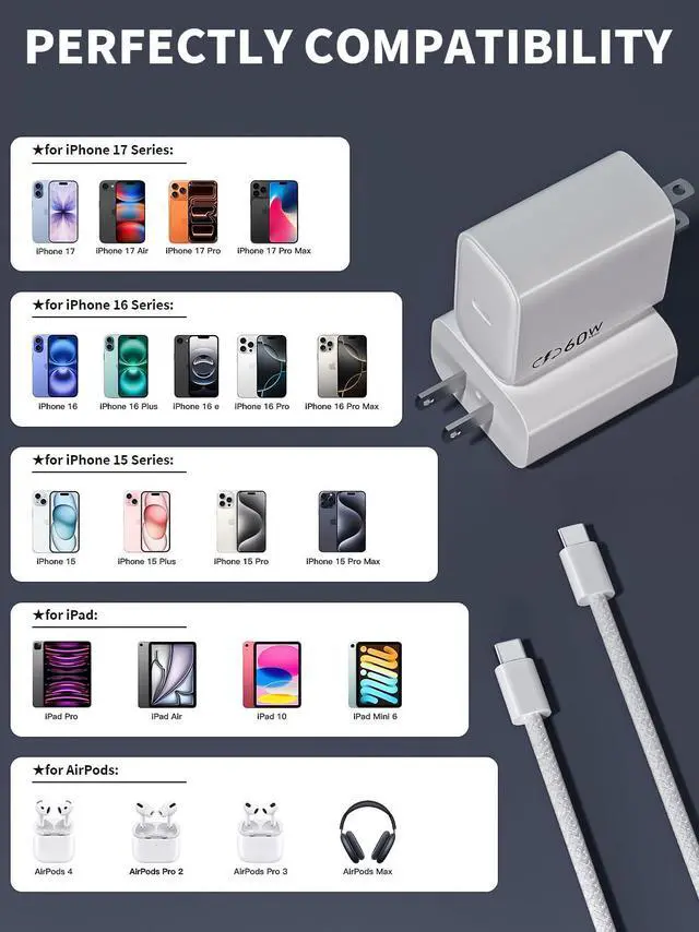 Alt view image 7 of 7 - 40W-60W Apple Dynamic Power Adapter,Fast USB C Charger 2Pack iPhone Charger Fast Charging 6FT Type C Braided Charging Cables for Apple iPhone 17/17E/Air/17 ProMax/16Pro/16e/15Plus,iPad Pro/Air,AirPods