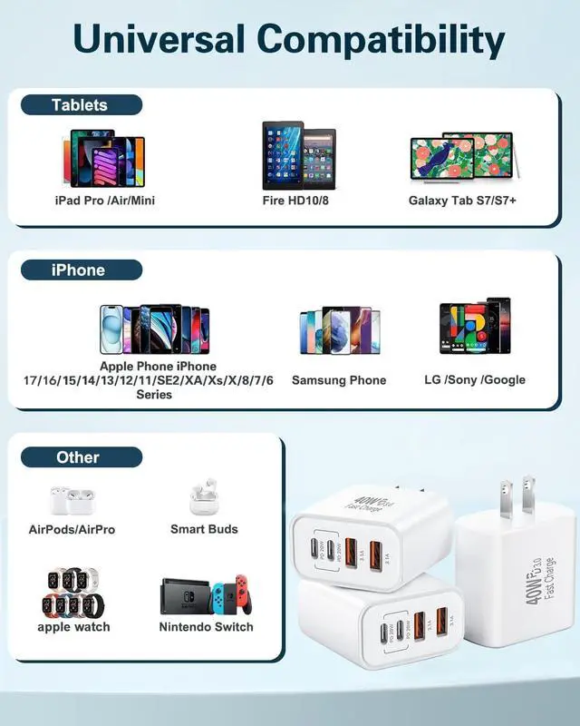 Alt view image 6 of 7 - iPhone 17 USB C Fast Charger Block,3-Pack 40W USB C Charging Block 4-Port Dual Port PD+QC Fast Plug Wall Charger for iPhone 17/17 Pro/17Pro Max/Air/16/16e/16 Pro Max/16 Plus/15/14/13/12/11/Xs Max,iPad