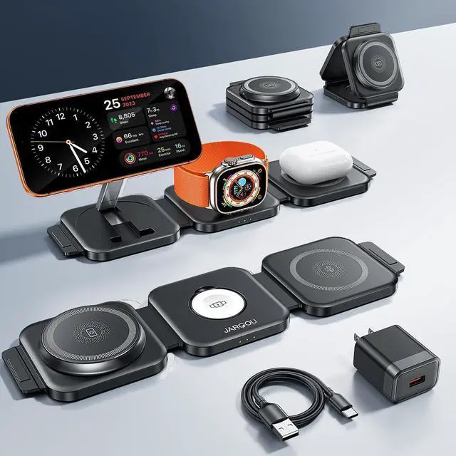 Main image of 3 in 1 Charging Station for Apple Devices, Foldable Wireless Charging Station for iPhone 17/16/15/14/13/12, Apple Watch & AirPods with Magsafe Charger Stand, Travel Essentials Wireless Charger (Black)