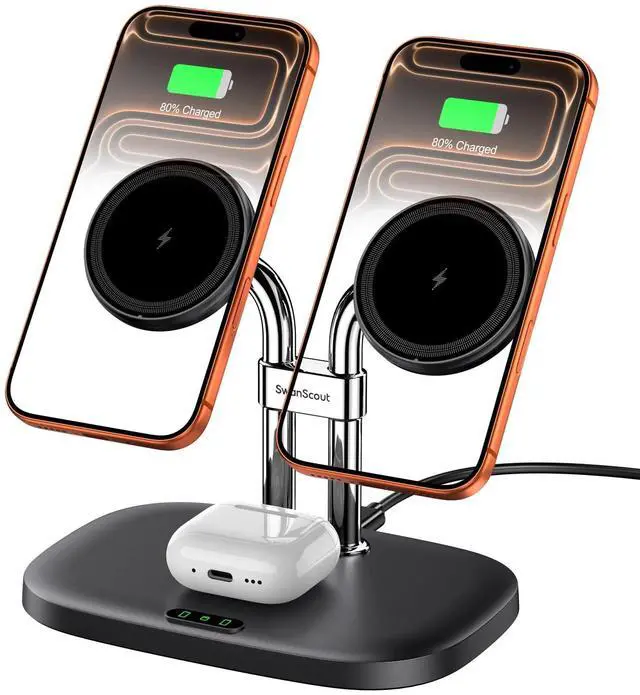 Main image of Wireless Charger for iPhone Air/17, SwanScout 706M, Dual Magnetic Charger for iPhone 16/15/14/13/12 Series, Charging Station for AirPods Pro 3/2, AirPods 4/3rd (Black)
