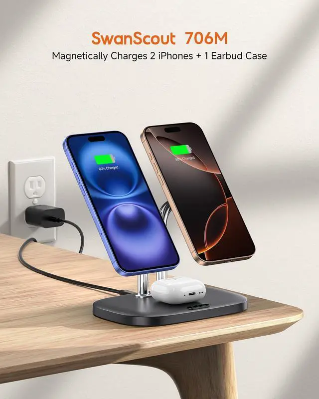 Alt view image 2 of 7 - Wireless Charger for iPhone Air/17, SwanScout 706M, Dual Magnetic Charger for iPhone 16/15/14/13/12 Series, Charging Station for AirPods Pro 3/2, AirPods 4/3rd (Black)