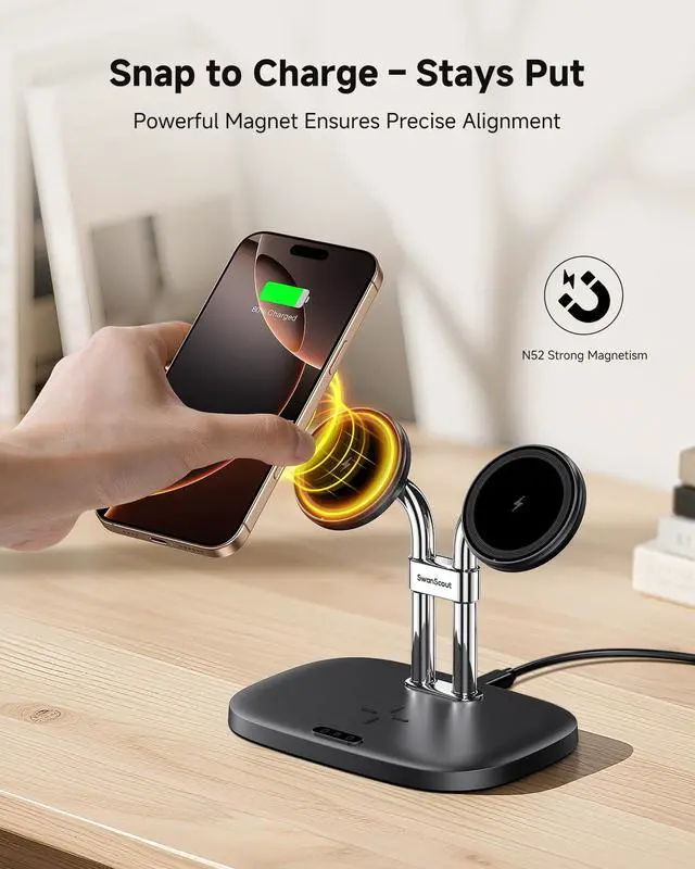 Alt view image 3 of 7 - Wireless Charger for iPhone Air/17, SwanScout 706M, Dual Magnetic Charger for iPhone 16/15/14/13/12 Series, Charging Station for AirPods Pro 3/2, AirPods 4/3rd (Black)