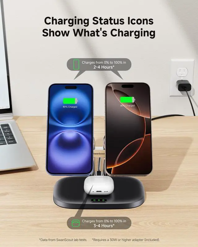 Alt view image 5 of 7 - Wireless Charger for iPhone Air/17, SwanScout 706M, Dual Magnetic Charger for iPhone 16/15/14/13/12 Series, Charging Station for AirPods Pro 3/2, AirPods 4/3rd (Black)