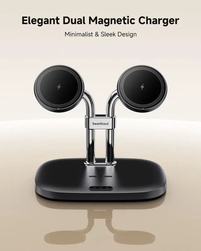 Alt view image 6 of 7 - Wireless Charger for iPhone Air/17, SwanScout 706M, Dual Magnetic Charger for iPhone 16/15/14/13/12 Series, Charging Station for AirPods Pro 3/2, AirPods 4/3rd (Black)