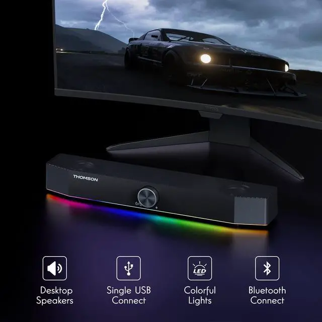 Alt view image 2 of 7 - Computer Speakers, Bluetooth Computer SoundBar, Dynamic RGB PC Speakers with 10W Stereo Sound, 3.5mm Aux-in Connection, USB Powered Computer Speakers for PC, Desktop Monitor, Laptop, Tablets