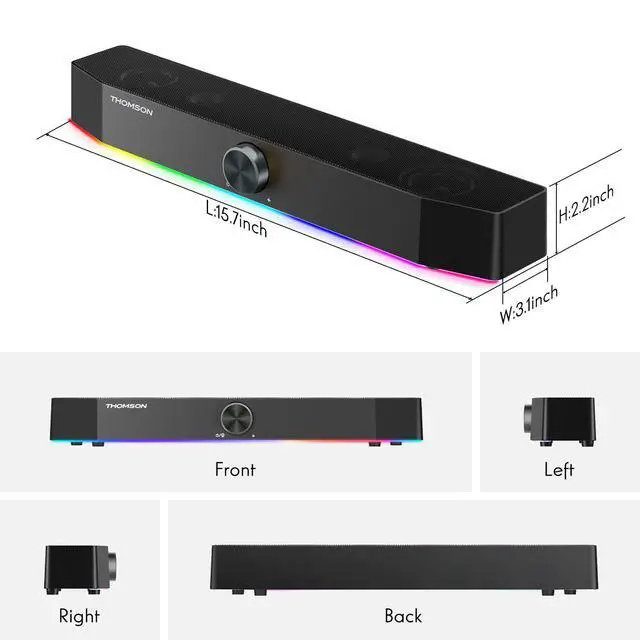 Alt view image 7 of 7 - Computer Speakers, Bluetooth Computer SoundBar, Dynamic RGB PC Speakers with 10W Stereo Sound, 3.5mm Aux-in Connection, USB Powered Computer Speakers for PC, Desktop Monitor, Laptop, Tablets