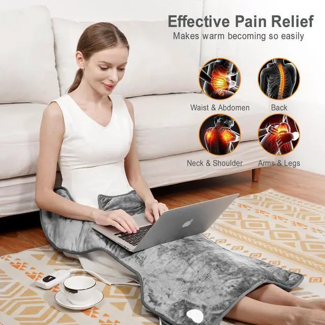 Alt view image 2 of 7 - Fast Heating Electric Heating Pad for Neck and Shoulder and Back with 6 Heating Settings & 4 Timer, Large Size Heated Wrap with Auto Shut Off & Machine Washable (Silver Gray, 37x24 inch)
