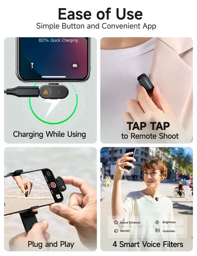 Alt view image 4 of 7 - Wave T1 Mini Wireless Lavalier Microphone with USB-C Plug for iPhone 17 16 15 & Android, Clip on Lapel Mic, Noise Cancellation, AI Voice Filter for Video Recording Vlog Podcast TikTok YouTube
