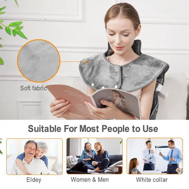 Alt view image 4 of 7 - Fast Heating Electric Heating Pad for Neck and Shoulder and Back with 6 Heating Settings & 4 Timer, Large Size Heated Wrap with Auto Shut Off & Machine Washable (Silver Gray, 37x24 inch)