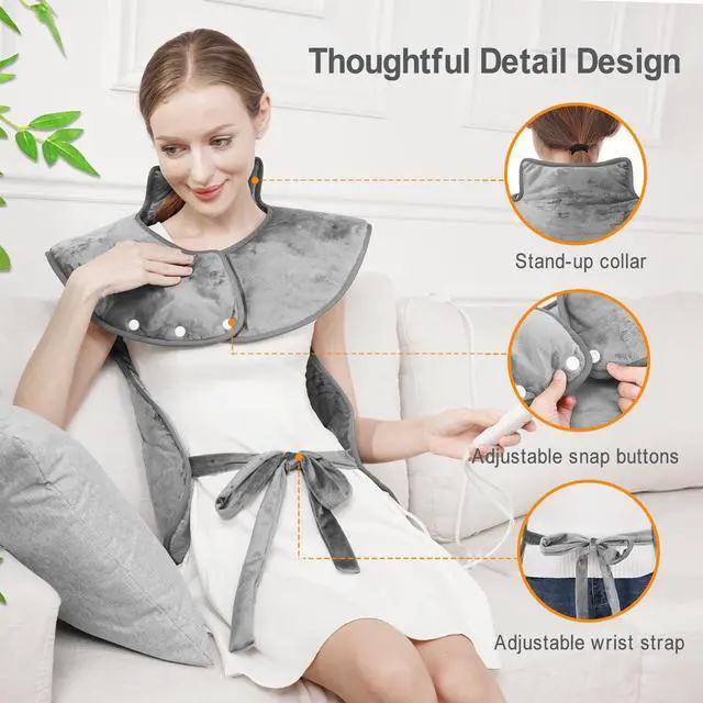 Alt view image 5 of 7 - Fast Heating Electric Heating Pad for Neck and Shoulder and Back with 6 Heating Settings & 4 Timer, Large Size Heated Wrap with Auto Shut Off & Machine Washable (Silver Gray, 37x24 inch)