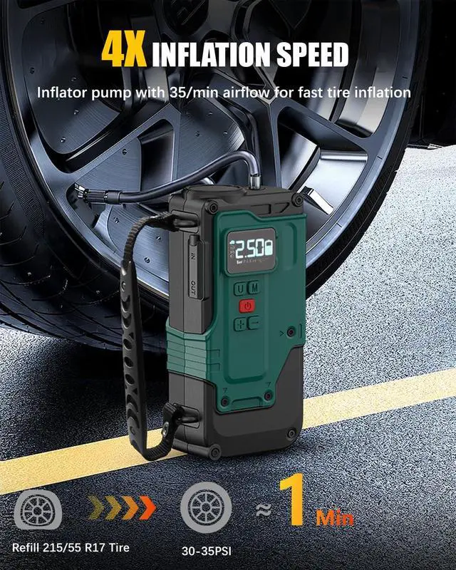 Alt view image 2 of 7 - Cordless Tire Inflator Portable Air Compressor - 8000mAh & 12V DC Dual Power, 8X Faster, 150 PSI Air Pump for Car Tires, Bicycle, Motorcycle, Ball, with Pressure Gauge, LED Light, Auto Shut-Off