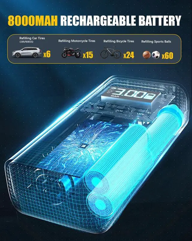 Alt view image 3 of 7 - Cordless Tire Inflator Portable Air Compressor - 8000mAh & 12V DC Dual Power, 8X Faster, 150 PSI Air Pump for Car Tires, Bicycle, Motorcycle, Ball, with Pressure Gauge, LED Light, Auto Shut-Off