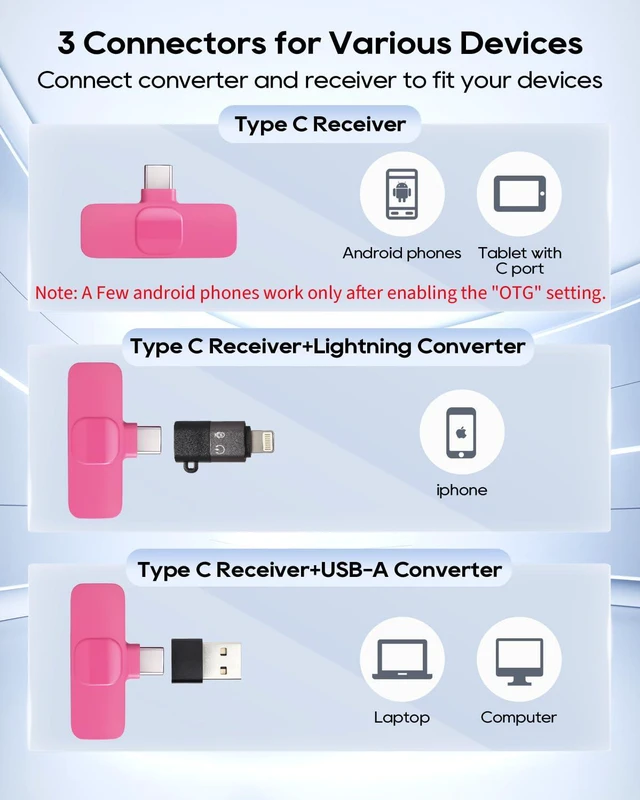 Alt view image 3 of 6 - Mini Hot Pink Microphone for iphone Android Phone Tablet ipad PC, Usb C Wireless Lavalier Mic for Video Recording Vlogging Youtube Tiktok Podcast Interview content creators, Type C Tiny Microphones