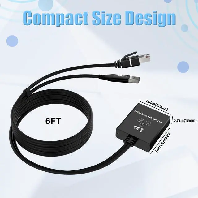 Alt view image 5 of 7 - Gigabit Ethernet Splitter 1 to 2 Out Adapter, RJ45 Splitter with 6FT USB Power Cable and RJ45 Input Cable 3 in 1, Network Splitter 1 Male to 2 Female, 1K Mbps High Speed, Supports Cat5/5e/6/7/8 Cable