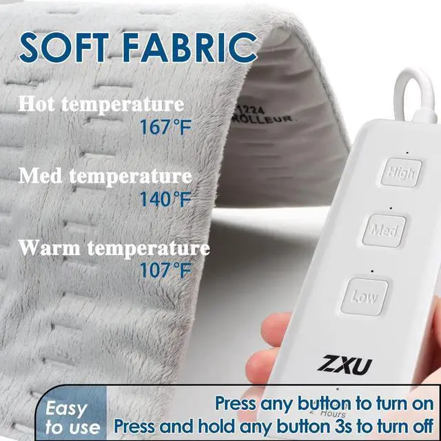Alt view image 2 of 6 - Heating Pad for Back Pain and Cramps Relief, 12 x 24 Ultra Soft Hot Heated Pad with3 Heat Setting, Moist Heat and Auto Shut-Off for Neck, Shoulder, Leg, Machine Washable
