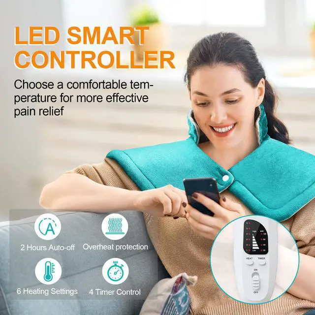 Alt view image 3 of 7 - Heating Pad for Neck and Shoulders and Back, Mothers Day Gifts for Mom Wife Grandma, Birthday Gifts for Women, Weighted Neck Heating Pads, Large Heat Pad, 6 Heat Settings 4 Auto-Off, 17"x23" Blue