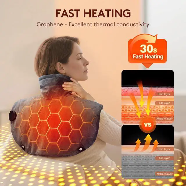 Alt view image 3 of 7 - Far Infrared Heating Pad for Neck and Shoulders and Back - 6X Deeper Pain Relief, Graphene 30s Fast Heat, 8 Heat Setting, 16 Timer, Automatic Memory, Weighted Heating Pads Gift for Women&Men (Grey)