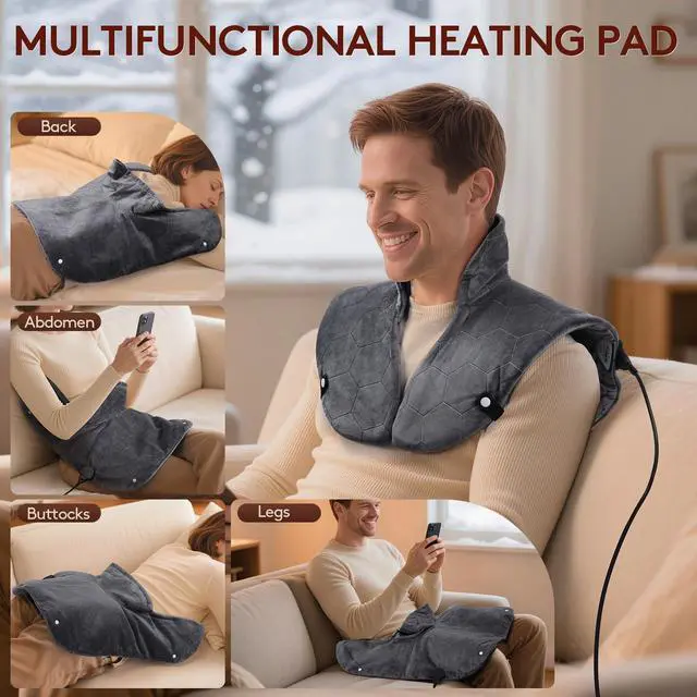 Alt view image 5 of 7 - Far Infrared Heating Pad for Neck and Shoulders and Back - 6X Deeper Pain Relief, Graphene 30s Fast Heat, 8 Heat Setting, 16 Timer, Automatic Memory, Weighted Heating Pads Gift for Women&Men (Grey)
