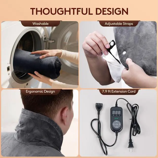 Alt view image 6 of 7 - Far Infrared Heating Pad for Neck and Shoulders and Back - 6X Deeper Pain Relief, Graphene 30s Fast Heat, 8 Heat Setting, 16 Timer, Automatic Memory, Weighted Heating Pads Gift for Women&Men (Grey)