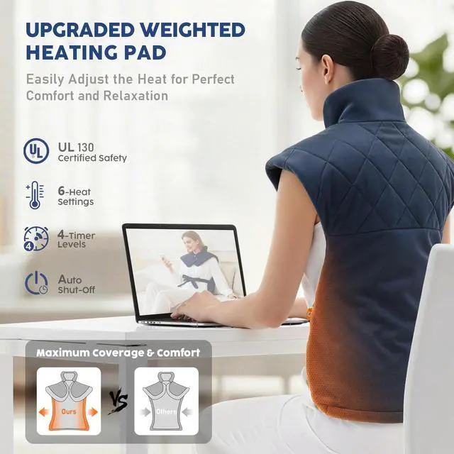 Alt view image 4 of 7 - Electric Heating Pad for Neck Shoulders and Back Pain Relief, Christmas Gifts for Women Men Mom Dad Elderly, Large Weighted Neck Shoulders & Back Heat Pad, 6 Heat Settings Auto-Off, Gray