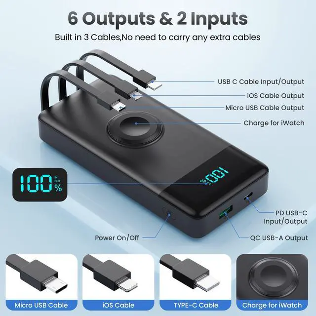 Alt view image 3 of 7 - Portable Charger 10800mAh QC4.0+PD 25W Fast Charging USB C Power Bank,6 Outputs LCD Display Travel Battery Pack Compatible with iPhone 16/15/14/13, Android etc