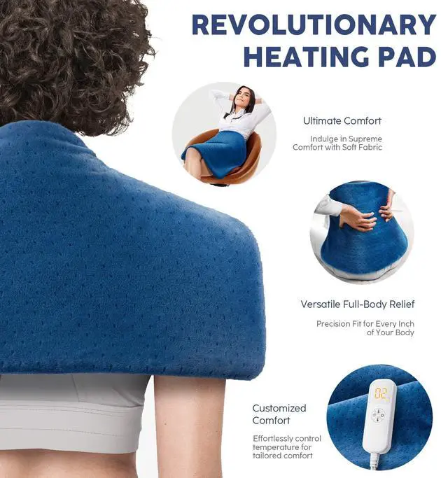 Alt view image 2 of 7 - Heating Pad for Back Pain & Cramps, 24"x 20" Electric Heating Pad for Shoulder, Neck, Cramp, Menstrual Pain, Christmas Gifts for Women Men Mom Dad, Auto-Off, Machine Washable, Moist/Dry Heat pad, Blue
