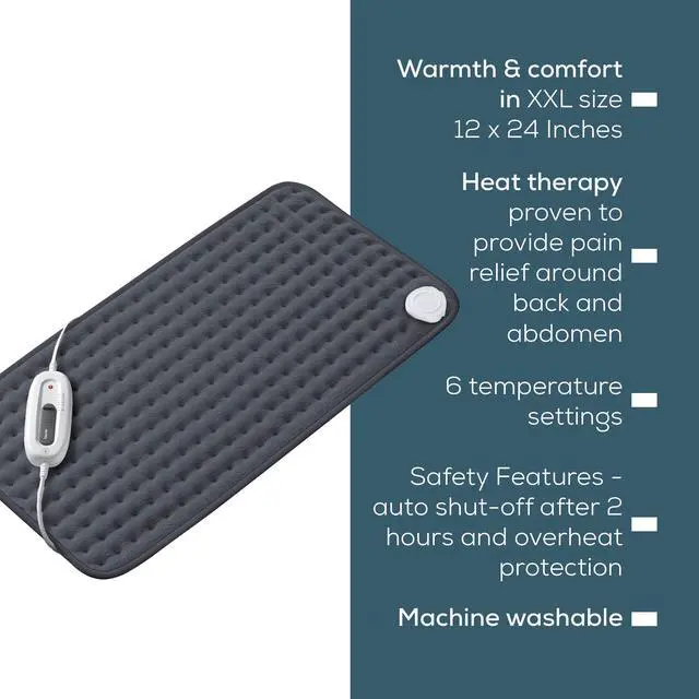 Alt view image 7 of 7 - UHP26DRKGRY Heating Pad for Back/Shoulder/Neck/Knee/Leg, Soft Fabric, Fast Heating, XL Size 12 x 24, 6 Temperature Settings, 2-Hour Auto-Off, Machine Washable