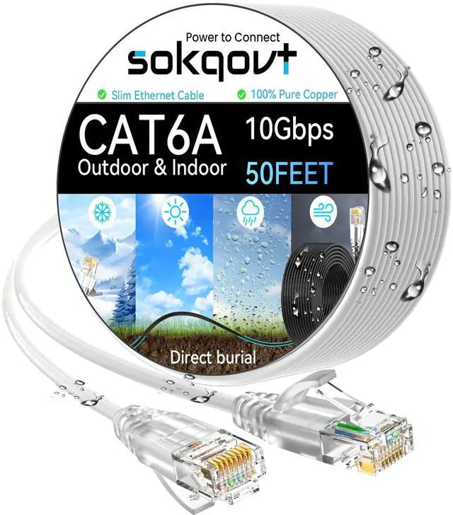 Main image of Cat6a Ethernet Cable Slim 50ft Outdoor&Indoor, 28AWG Pure Copper Cat6 Internet Cable for Waterproof & Direct Burial, Flexible Cat6 Ethernet Cable 10G 550MHZ, Cat 6 Network cable for Indoor White