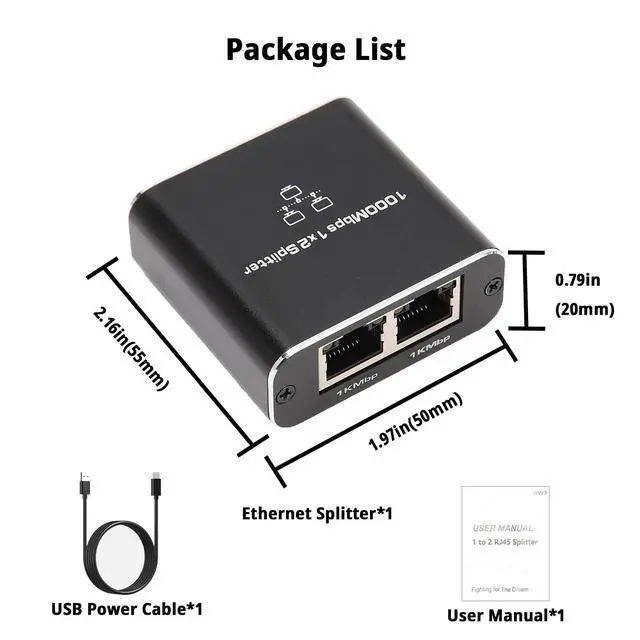 Alt view image 6 of 7 - Gigabit Ethernet Splitter 1 to 2 High Speed, 1000Mbps Internet Splitter 1 in 2 Out, LAN with USB Power Cable, RJ45 for Cat5/5e/6/7/8 Cable(2 Devices Simultaneously Networking)