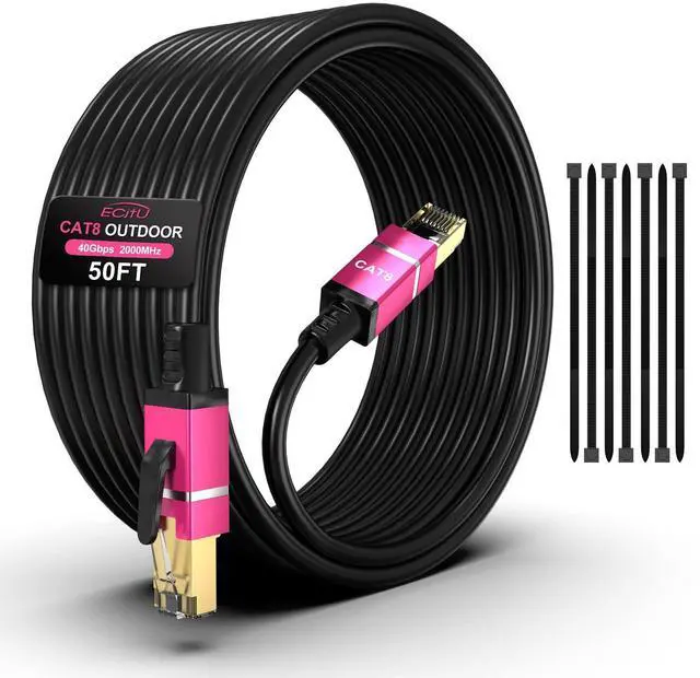 Main image of 50FT Cat8 Outdoor Ethernet Cable, In-Ground, 26AWG Pure Copper Cat 8, Heavy Duty Direct Burial, LLDPE UV Jacket, Waterproof, 40Gbps 2000Mhz SFTP Patch Cord, POE, Network, Internet, with 25 Cable Ties