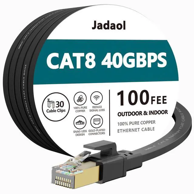 Main image of Cat 8 Ethernet Cable 100ft (30.48m), 40Gbps 2000MHz Flat S/FTP LAN Patch Cable, High-Speed Cat8 Network Cable for Router, Modem, Switch, Gaming Consoles, PC, Smart TV & Streaming Devices, Black