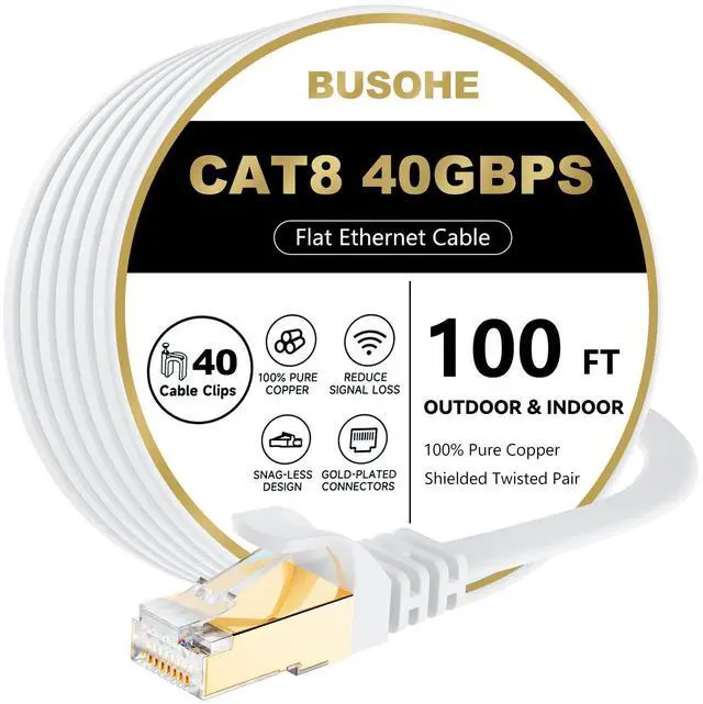 Main image of Cat 8 Ethernet Cable 100 FT, 40Gbps 2000Mhz High Speed Flat Cat8 Cable Patch Cord with Gold-Plated RJ45 Connector, LAN Network Internet Cable with 40 Clips for Router/Gaming/Computer, S/FTP