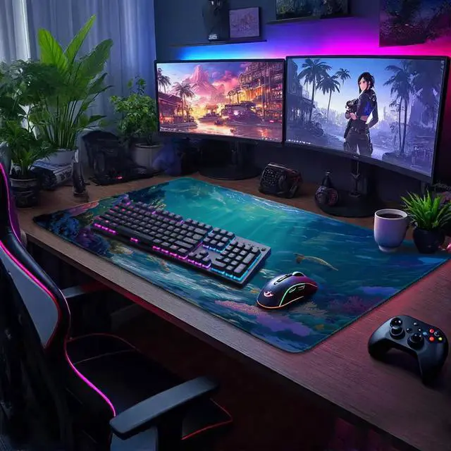 Alt view image 2 of 7 - Sea Turtles Large Gaming Mouse Pad 31.5"x15.7" Ocean Scene XXL Desk Mat, Non-Slip Rubber Base & Stitched Edges - Extended Waterproof Mousepad for PC/Laptop/Office/Home Decor