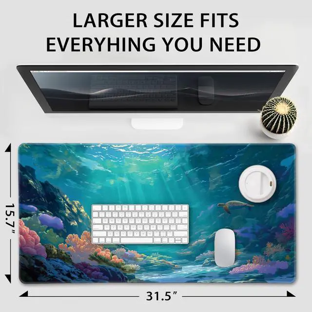 Alt view image 4 of 7 - Sea Turtles Large Gaming Mouse Pad 31.5"x15.7" Ocean Scene XXL Desk Mat, Non-Slip Rubber Base & Stitched Edges - Extended Waterproof Mousepad for PC/Laptop/Office/Home Decor