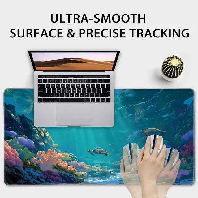 Alt view image 5 of 7 - Sea Turtles Large Gaming Mouse Pad 31.5"x15.7" Ocean Scene XXL Desk Mat, Non-Slip Rubber Base & Stitched Edges - Extended Waterproof Mousepad for PC/Laptop/Office/Home Decor