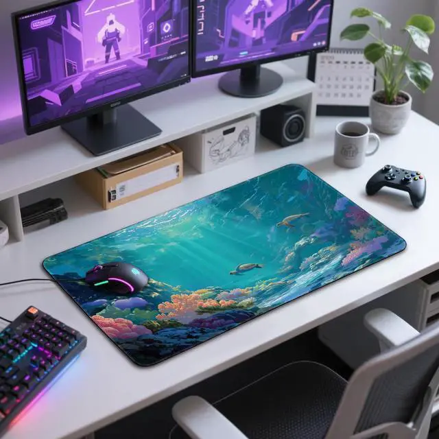 Alt view image 7 of 7 - Sea Turtles Large Gaming Mouse Pad 31.5"x15.7" Ocean Scene XXL Desk Mat, Non-Slip Rubber Base & Stitched Edges - Extended Waterproof Mousepad for PC/Laptop/Office/Home Decor