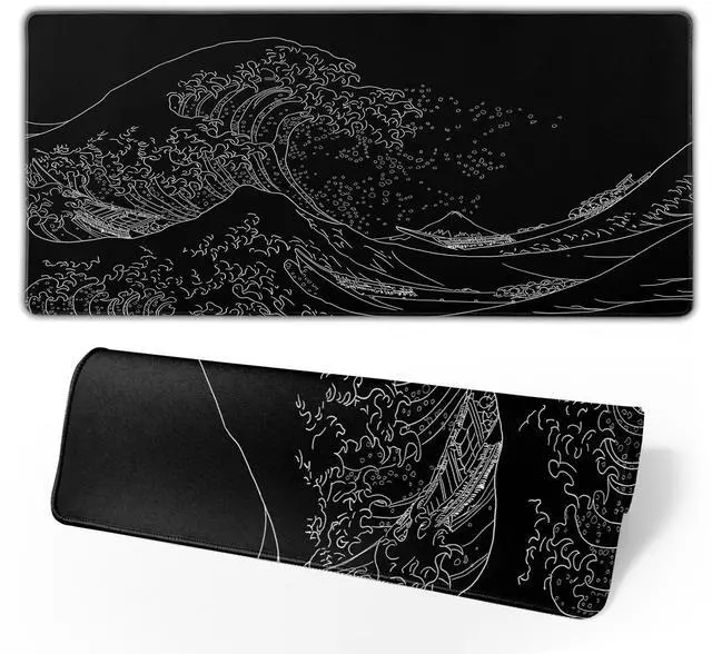 Main image of Japanese Sea Wave Large Mouse Pad, Anime Black Gaming, Extended Kanagawa Mat Desk Pad, 3mm Thick Long Non-Slip Rubber Base Mice Pad, 31.5 X 11.8 Inch
