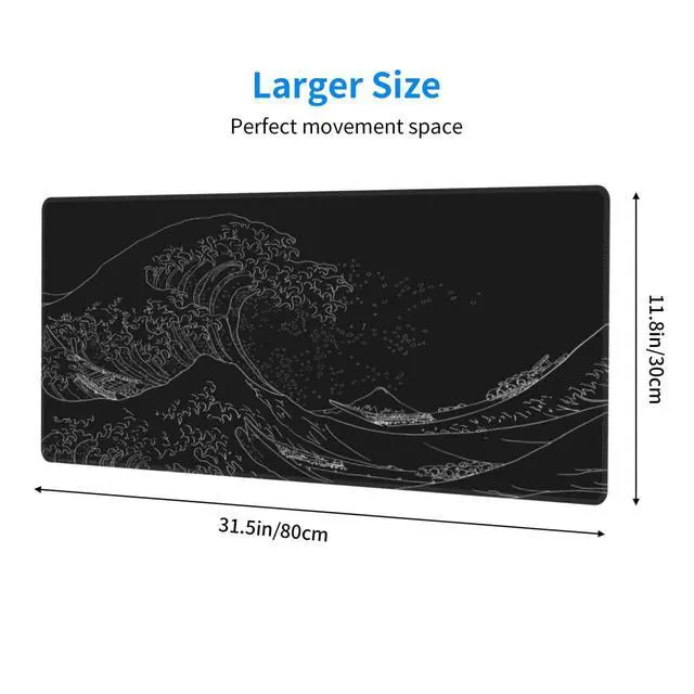 Alt view image 2 of 7 - Japanese Sea Wave Large Mouse Pad, Anime Black Gaming, Extended Kanagawa Mat Desk Pad, 3mm Thick Long Non-Slip Rubber Base Mice Pad, 31.5 X 11.8 Inch