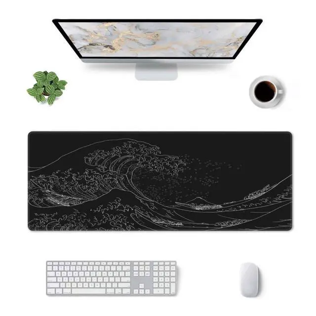 Alt view image 3 of 7 - Japanese Sea Wave Large Mouse Pad, Anime Black Gaming, Extended Kanagawa Mat Desk Pad, 3mm Thick Long Non-Slip Rubber Base Mice Pad, 31.5 X 11.8 Inch