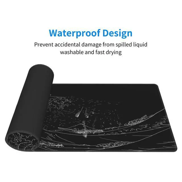 Alt view image 4 of 7 - Japanese Sea Wave Large Mouse Pad, Anime Black Gaming, Extended Kanagawa Mat Desk Pad, 3mm Thick Long Non-Slip Rubber Base Mice Pad, 31.5 X 11.8 Inch