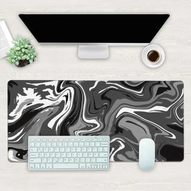 Alt view image 2 of 7 - Desk Mat, Abstract Black White Ink Liquid Waves Extended Gaming Mouse Pad Large, 35.4"x15.7" Big Mouse Pad with Non-Slip Base and Stitched Edge, Long Computer Keyboard Mouse Mat for Home Office Work