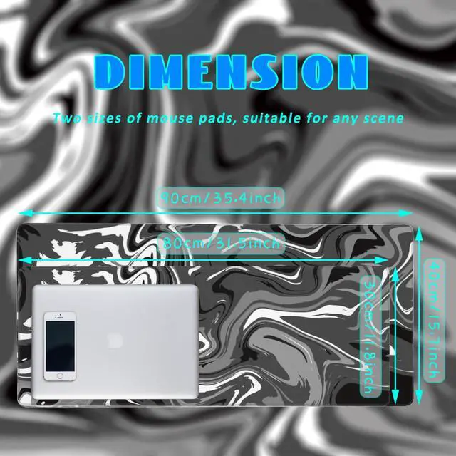 Alt view image 4 of 7 - Desk Mat, Abstract Black White Ink Liquid Waves Extended Gaming Mouse Pad Large, 35.4"x15.7" Big Mouse Pad with Non-Slip Base and Stitched Edge, Long Computer Keyboard Mouse Mat for Home Office Work