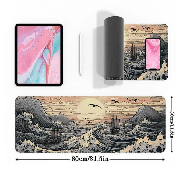 Alt view image 3 of 7 - Japanese Sea Waves Large Gaming Mouse Pad,XL Mouse Pad Gaming Mouse Mat Desk Pad,31.5 x 11.8in Desk Mat Anime Mouse Pads for Desk,Extended Keyboard Pad Mousepad with Non-Slip Base and Stitched Edge