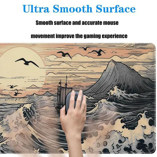 Alt view image 5 of 7 - Japanese Sea Waves Large Gaming Mouse Pad,XL Mouse Pad Gaming Mouse Mat Desk Pad,31.5 x 11.8in Desk Mat Anime Mouse Pads for Desk,Extended Keyboard Pad Mousepad with Non-Slip Base and Stitched Edge