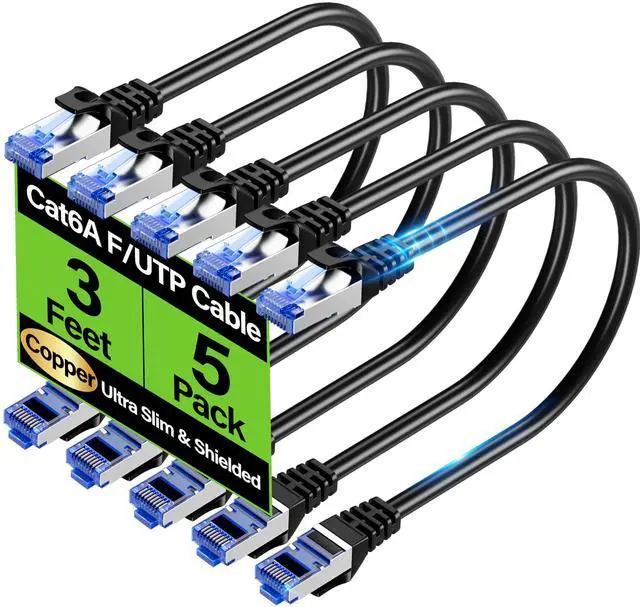 Main image of Cat6A Ethernet Cable Shielded 10Gbps 3 ft (5 Pack), Slim Shielded (F/UTP) Ethernet Cable Cat 6, Flexible 28AWG Bare Copper Cat6 Cable, Space-saving Cat 6a Network Cable for Server, Data Center, Black